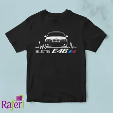 Μαύρο μπλουζάκι BMW E46 Hellas Team με λευκό γραφικό, σχέδιο 01
