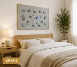 Χρυσή κορνίζα αλουμινίου για μαγνητάκια σε υπνοδωμάτιο με συλλογή ταξιδιωτικών μαγνητών