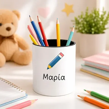 Κεραμική μολυβοθήκη με όνομα Μαρία και χρωματιστά μολύβια