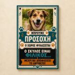 Προειδοποιητική πινακίδα σκύλου με φωτογραφία και όνομα, σχέδιο ο σκύλος είναι φιλικός