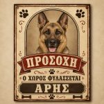 Vintage προειδοποιητική πινακίδα σκύλου με φωτογραφία και όνομα, ο χώρος φυλάσσεται