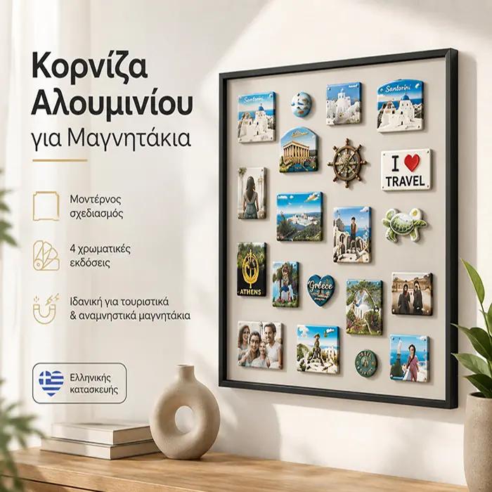 Μαύρη κορνίζα αλουμινίου με συλλογή μαγνητακίων σε κομψό εσωτερικό χώρο