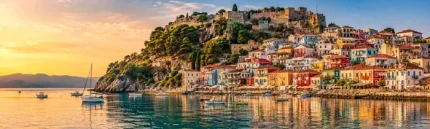 Πανοραμική εικόνα Πάργας για καμβά 30x100 εκ. με κάστρο, πολύχρωμα σπίτια, θάλασσα και αντανακλάσεις στο νερό.