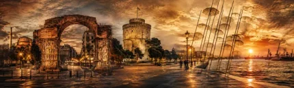 Πανοραμική εικόνα Θεσσαλονίκης για καμβά 30x100 εκ. με Καμάρα, Λευκό Πύργο, Ομπρέλες και παραλία σε χρυσαφένιο ηλιοβασίλεμα.
