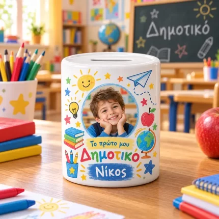 Λευκός κουμπαράς Δημοτικού με φωτογραφία μαθητή, όνομα και πολύχρωμα σχολικά σχέδια