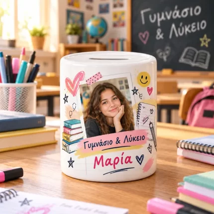 Λευκός κουμπαράς Γυμνασίου–Λυκείου με φωτογραφία μαθήτριας, όνομα και σχολικό σχέδιο