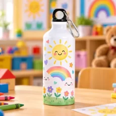 Λευκό αλουμινένιο παγούρι 600 ml Νηπιαγωγείου με πολύχρωμο σχολικό σχέδιο