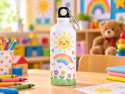 Λευκό αλουμινένιο παγούρι 600 ml Νηπιαγωγείου με πολύχρωμο σχολικό σχέδιο