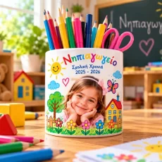 Μολυβοθήκη Νηπιαγωγείου με φωτογραφία παιδιού και πολύχρωμο σχολικό σχέδιο