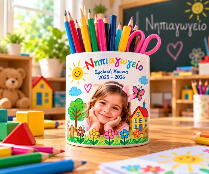Μολυβοθήκη Νηπιαγωγείου με φωτογραφία Μολυβοθήκη Νηπιαγωγείου με φωτογραφία παιδιού και πολύχρωμο σχολικό σχέδιο