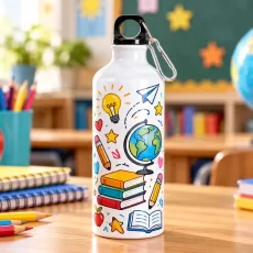 Λευκό αλουμινένιο παγούρι 600 ml Δημοτικού με πολύχρωμο σχολικό σχέδιο