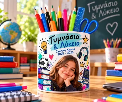 Λευκή μολυβοθήκη Γυμνασίου–Λυκείου με φωτογραφία μαθήτριας, σχολικό σχέδιο και χρωματιστά μολύβια