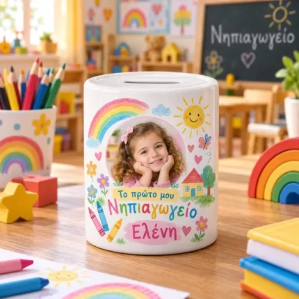 Λευκός κουμπαράς Νηπιαγωγείου με φωτογραφία παιδιού, όνομα και ουράνιο τόξο