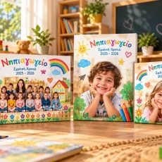 Καμβάς Νηπιαγωγείου με φωτογραφία παιδιού και τάξης, πολύχρωμο σχολικό σχέδιο